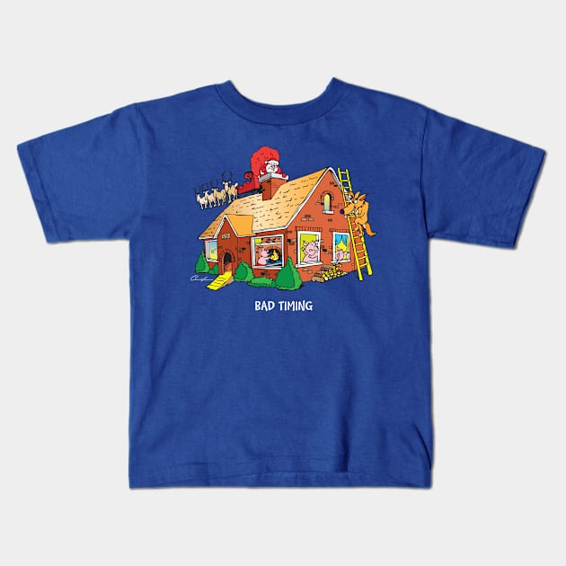 Santa Lands On Three Little Pigs' Roof Kids T-Shirt by Not Your Mothers Goose